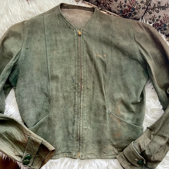 Antique Leather Jacket 1930s 40s Moto Biker Flapper Victorian Cossack XS Green - Picture 2 of 16